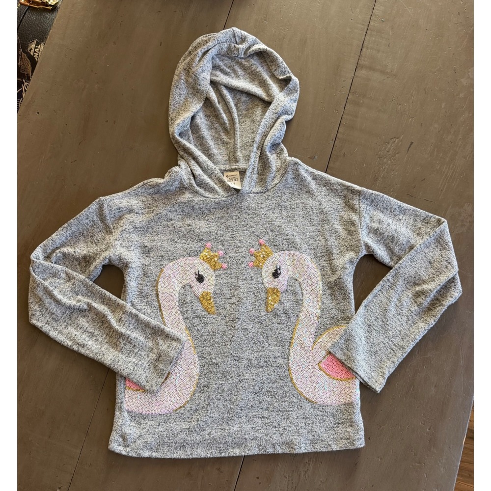 Girls Gray Princess Swan Sequin Hoodie and Joggers Cozy Set Size 7/8